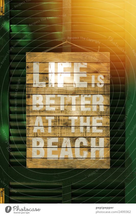 LIFE IS BETTER AT THE BEACH Lifestyle Healthy Living or residing House (Residential Structure) Window Wood Sign Characters Line Stripe Yellow Green Emotions Joy