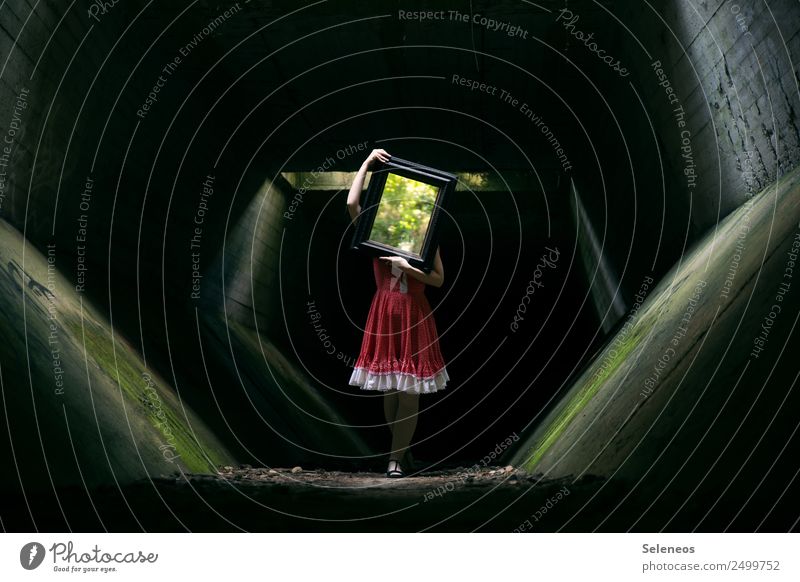 optical illusion Mirror Tunnel darkness Human being Woman Dress Deception Exterior shot Illusion Architecture Light and shadow Shadow play Mirror image