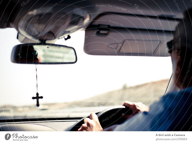 Cypriot Gentleman Masculine Man Adults Male senior Hand 1 Human being Driving To hold on Mirror Car Highway Crucifix Religion and faith Concentrate