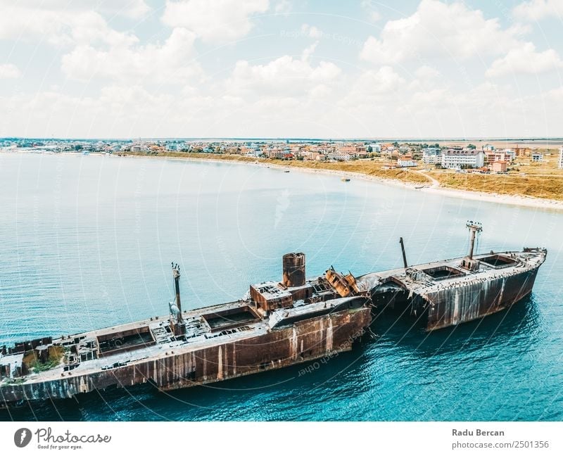 Aerial Drone View Of Old Shipwreck Ghost Ship Vessel Watercraft shipwrecked Beach Wreck Ocean abandoned Vacation & Travel Landscape Tourism Go under sunken