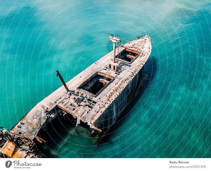 Aerial Drone View Of Old Shipwreck Ghost Ship Vessel Watercraft shipwrecked Beach Wreck Ocean abandoned Vacation & Travel Landscape Tourism Go under sunken