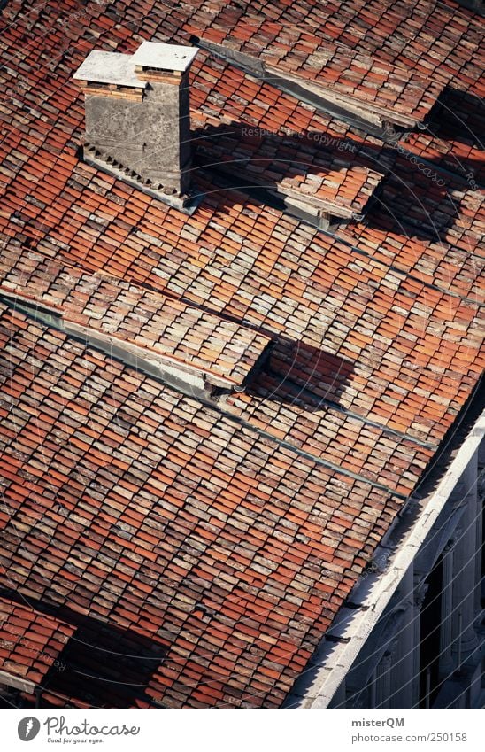 Climbing the roof Village Small Town Old town Deserted House (Residential Structure) Manmade structures Building Roof Eaves Chimney Red Tiled roof Roofing tile