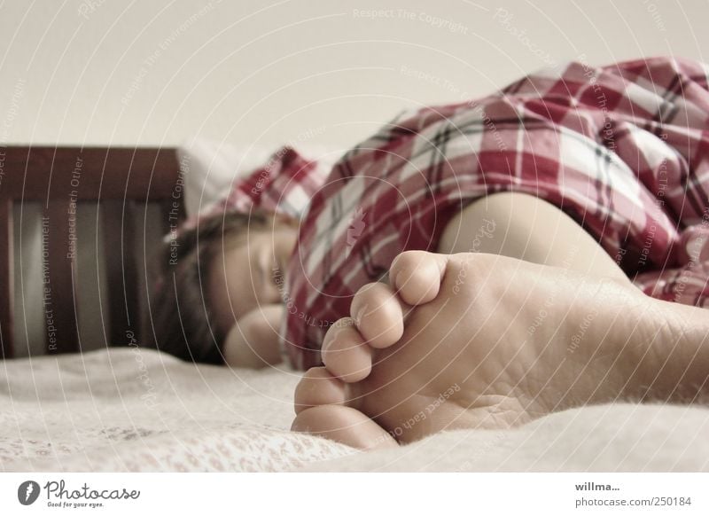 Sleep well, my dear, sleap well ... Sleeping young woman with her foot peeking out from under a plaid bedspread Feet Toes Woman Lie tired Bed young girl Fatigue
