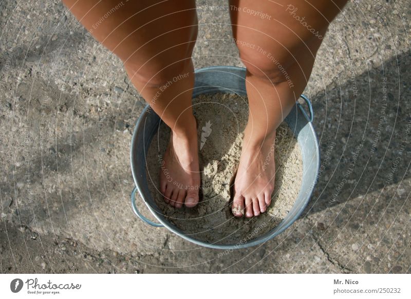 everything in the bucket Feminine Woman Adults Skin Legs Feet Stand Thin Personal hygiene Toes Sand Bucket Knee Barefoot Summer Bird's-eye view Sunbathing