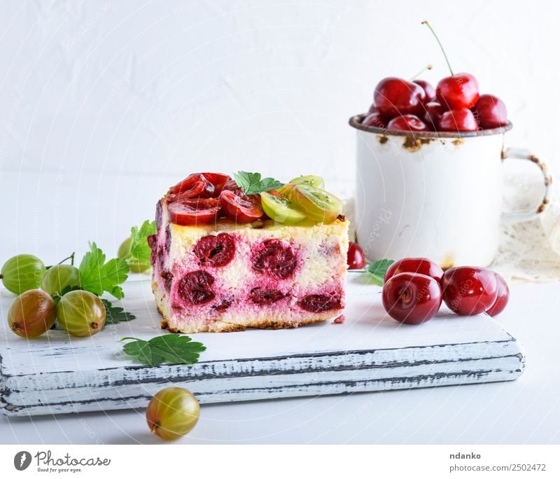 cheesecake with cherry berries Cheese Fruit Cake Dessert Candy Cup Table Eating Fresh Delicious Above Red White Gooseberry Cherry filling Slice background food