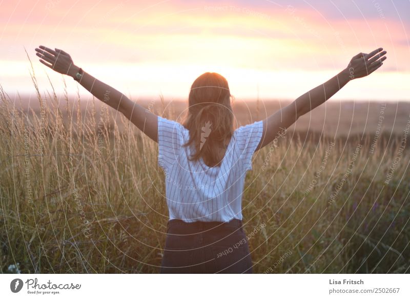 sunset, young woman, hands in the air Lifestyle Healthy Vacation & Travel Tourism Far-off places Summer vacation Young woman Youth (Young adults) 1 Human being