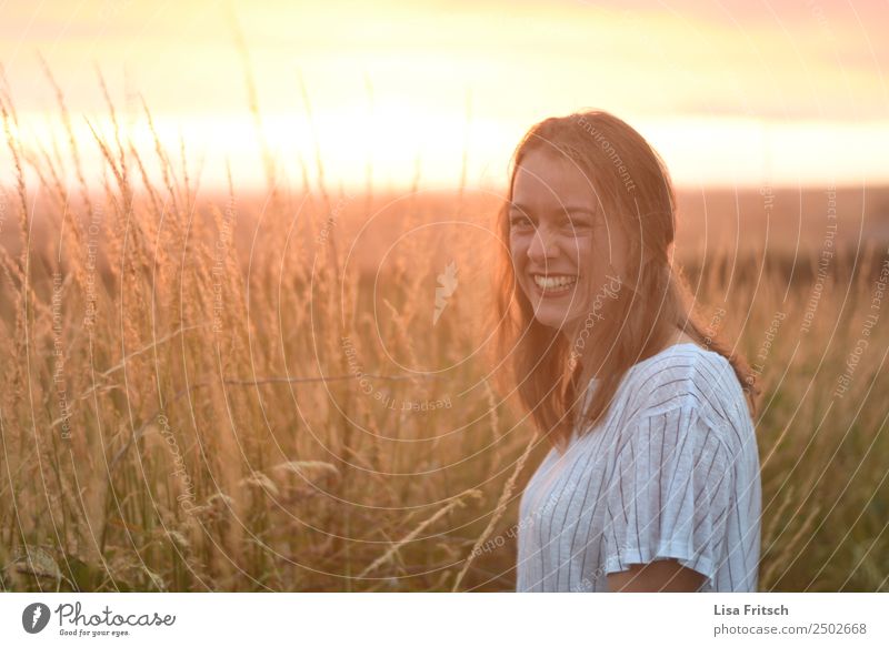 laughing, blonde woman, sunset, field Vacation & Travel Tourism Young woman Youth (Young adults) 1 Human being 18 - 30 years Adults Environment Nature Landscape