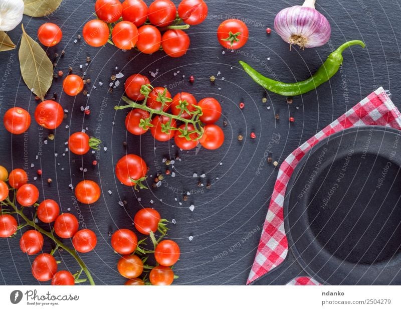 fresh ripe red cherry tomatoes Vegetable Herbs and spices Nutrition Lunch Vegetarian diet Pan Summer Table Kitchen Eating Fresh Small Natural Above Green Red