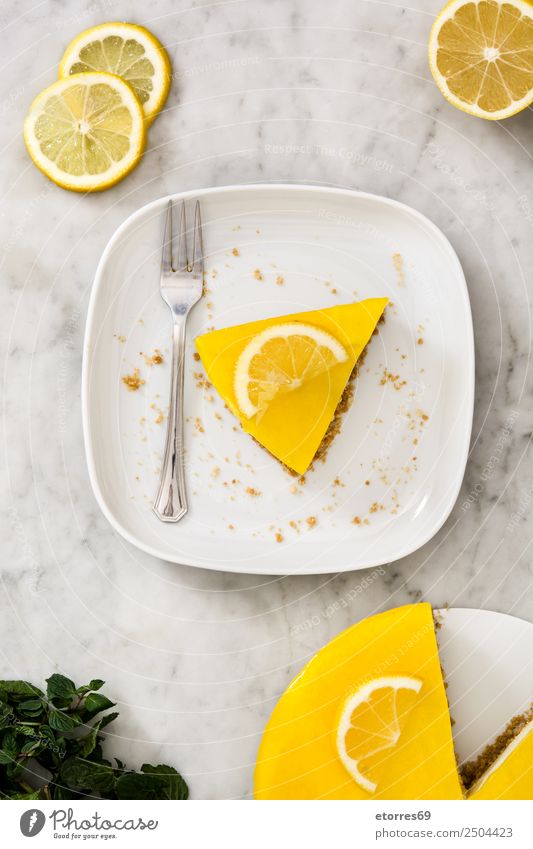 Lemon pie on white marble. Top view Food Fruit Cake Dessert Candy Nutrition Plate Fork Yellow Green White Pie Sweet Cookie Mint Food photograph Baking