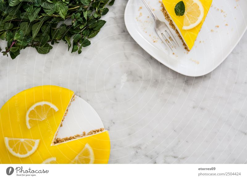 Lemon pie on white marble Food Vegetable Fruit Cake Dessert Candy Nutrition Eating To have a coffee Vegetarian diet Fork Stone Yellow Green White Pie Sweet Mint