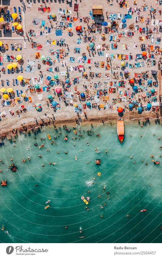 Aerial Drone View Of People Having Fun And Relaxing On Costinesti Beach In Romania At The Black Sea Aircraft Vantage point Sand Background picture Water Above