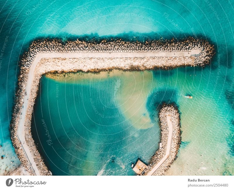 Aerial Drone View Of Concrete Pier On Turquoise Water At The Black Sea Ocean Rock Beach Break water Background picture Blue Stone Nature Vacation & Travel