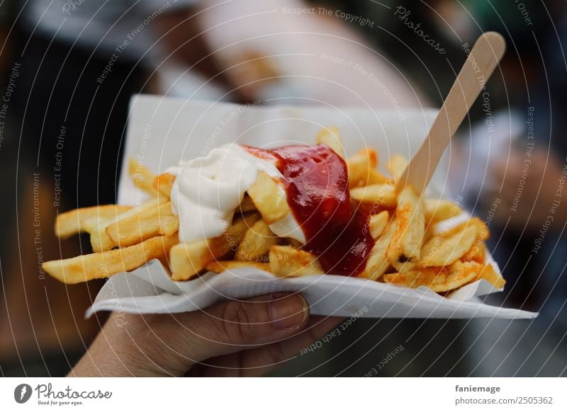 fries Food Sausage Nutrition Lunch Finger food Eating French fries Fast food Unhealthy Hot Fat Delicious Salty Reddish white Ketchup Mayonnaise Wooden fork