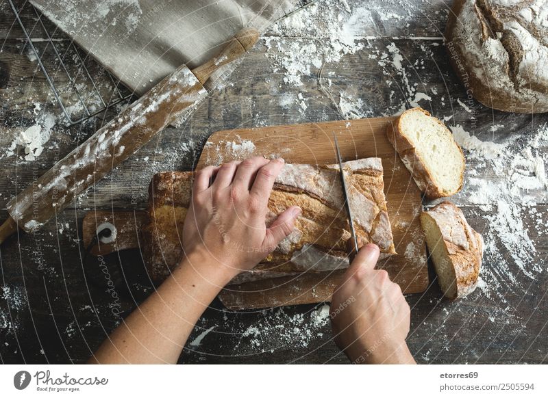 Woman cutting bread Food Bread Table Kitchen Human being Feminine Young woman Youth (Young adults) Adults Arm Hand 30 - 45 years Wood Fresh Good Brown