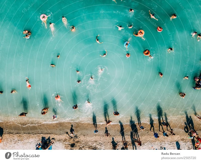 Aerial Summer View Of Clear Ocean Water Full Of Tourists Beach Vantage point Aircraft Top Human being Above Vacation & Travel crowd Background picture Blue