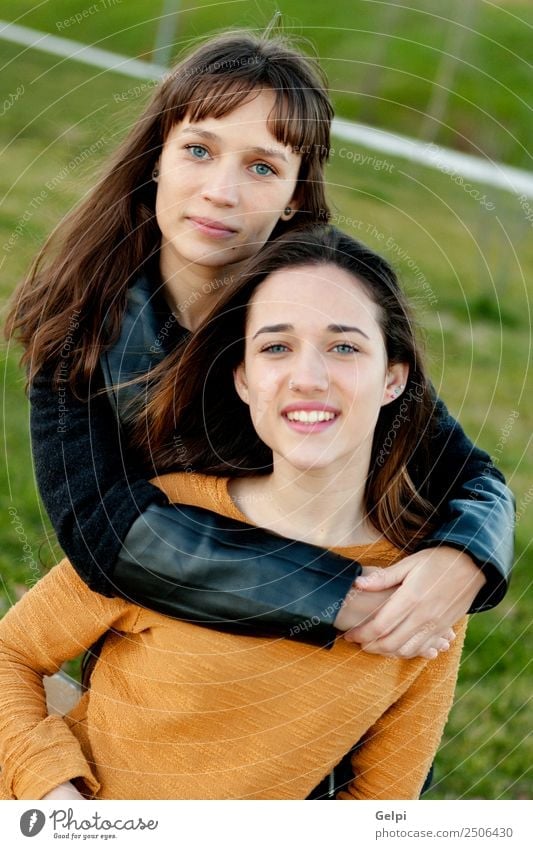 Outdoor portrait of two happy sisters Lifestyle Joy Happy Beautiful Human being Woman Adults Sister Family & Relations Friendship Youth (Young adults) Teeth