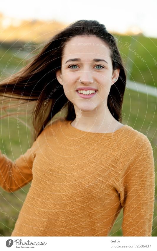 Outdoor portrait of beautiful happy teenager girl Happy Beautiful Face Sun Human being Woman Adults Youth (Young adults) Nature Wind Grass Park Meadow Fashion