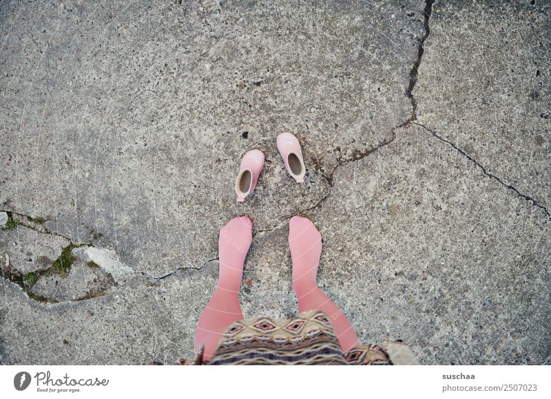 too small ... Street Exterior shot Asphalt feet Legs feminine too big Footwear boot Rubber boots Pink Stockings outgrown Transience Time