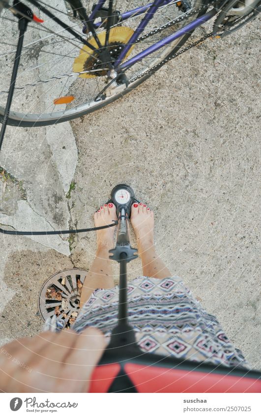 pump my bicycle (1) Wheel Bicycle Hose Air Air pump Hand Fingers Legs feet feminine Barefoot Pressure Display Air pressure