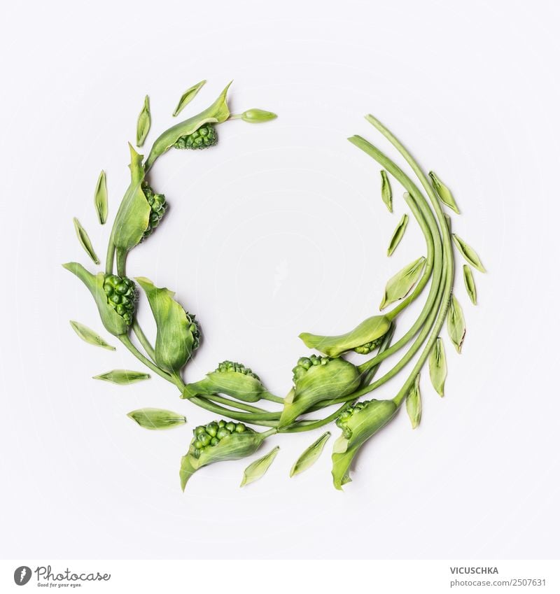 Green wreath with flowers and plants on white Style Design Beautiful Summer Decoration Nature Plant Flower Leaf Blossom Background picture entwine Wreath Round