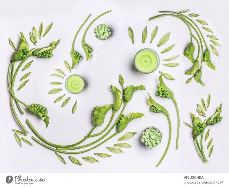 Green flowers and leaves flat lay Design Healthy Wellness Spa Summer Nature Plant Flower Leaf Blossom Decoration Ornament green candles Background picture