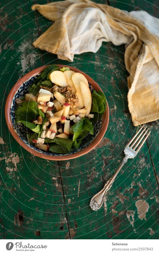 njom njom Food Vegetable Lettuce Salad Fruit Apple Salad leaf Spinach Cheese Nut Walnut Organic produce Vegetarian diet Diet Fasting Fork Healthy Health care