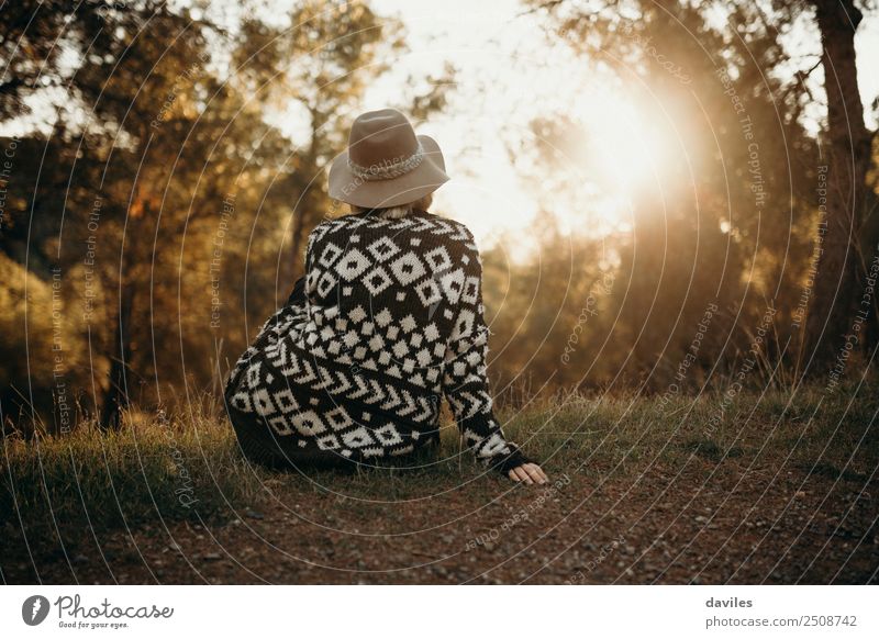Sitting girl in her back looking at sunset in the middle of the forest. Lifestyle Beautiful Health care Wellness Harmonious Well-being Relaxation