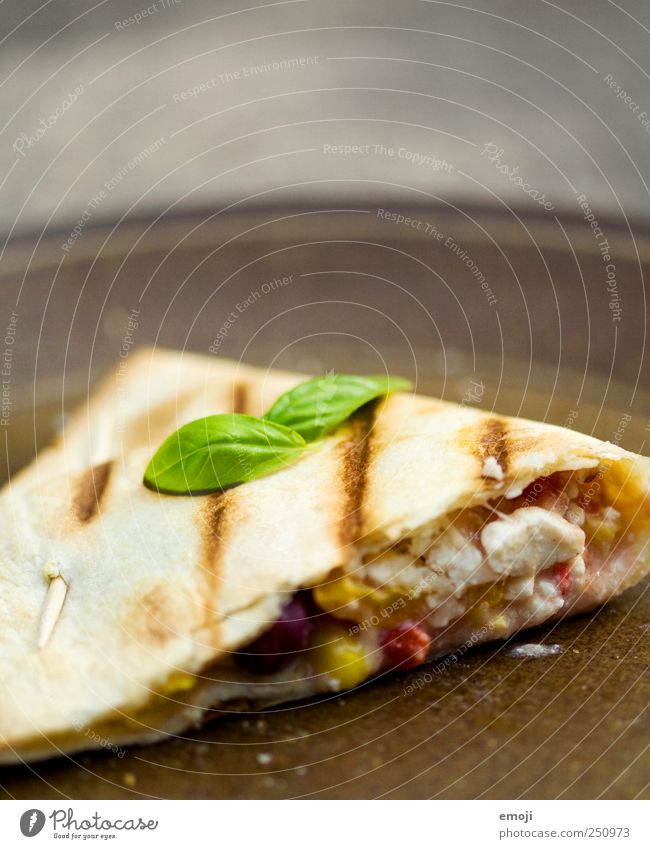Grilled quesadilla Vegetable Lunch Vegetarian diet Plate Delicious Basil Basil leaf Flat bread Cheese Part Colour photo Exterior shot Interior shot Deserted