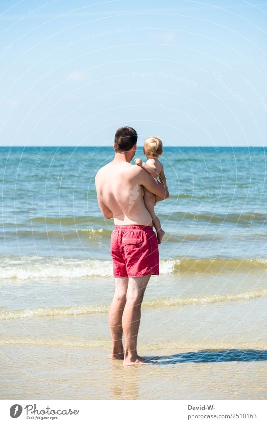 for the first time at the sea... Summer Summer vacation Sun Beach Ocean Waves Human being Masculine Child Baby Toddler Man Adults Father Infancy Life 2 Observe