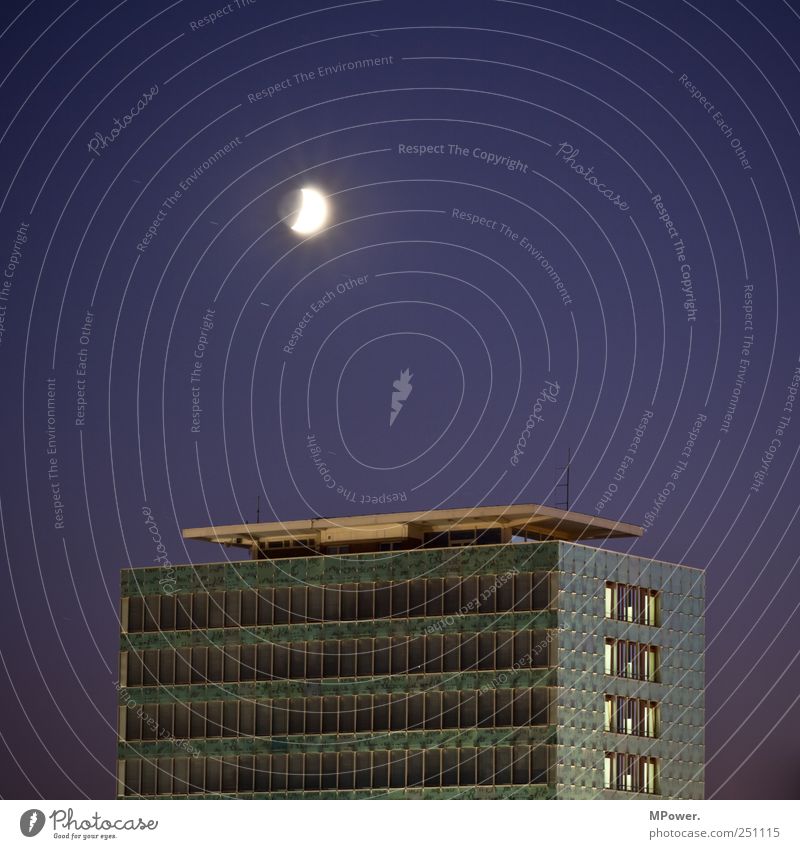 passive light source Downtown High-rise Bank building Facade Balcony Window Antenna Blue Moon Moonlight Prefab construction Starry sky Dresden Old Old building