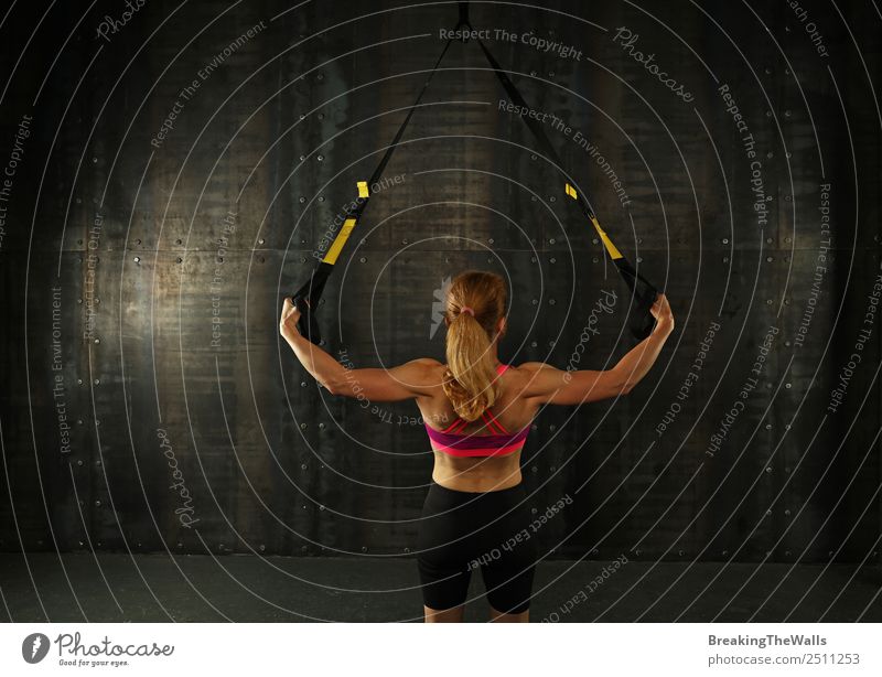 Rear view portrait of one young middle age athletic woman at crossfit training, exercising with trx suspension fitness straps over dark background Lifestyle