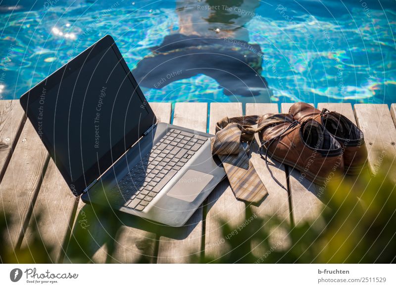 lunch break Relaxation Swimming pool Vacation & Travel Summer vacation Business Notebook Masculine Man Adults Body Back Swimming trunks Tie Footwear
