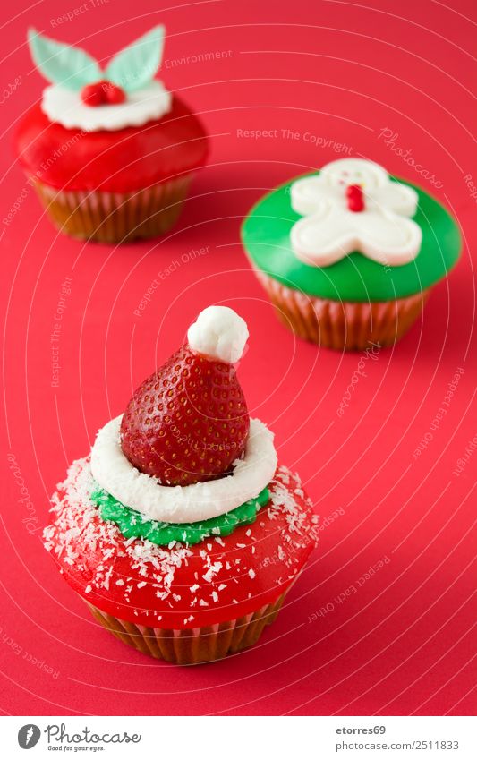 Christmas cupcakes on red background Christmas & Advent Cupcake Food Food photograph Sweet Candy Dessert Decoration Baked goods Icing Colour Green White