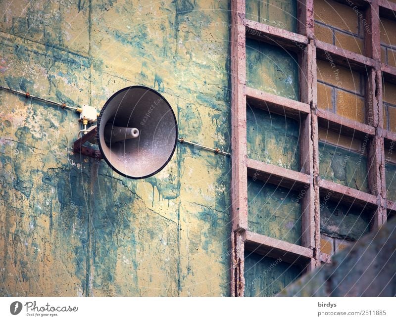 Announcement Industry Factory Manmade structures Facade Loudspeaker Communicate Scream Old Authentic Blue Yellow Gray Curiosity Testing & Control Nostalgia