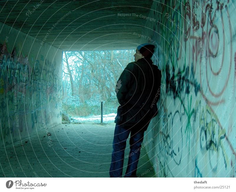 serenity Think Cold Man Underpass Snow Human being Graffiti