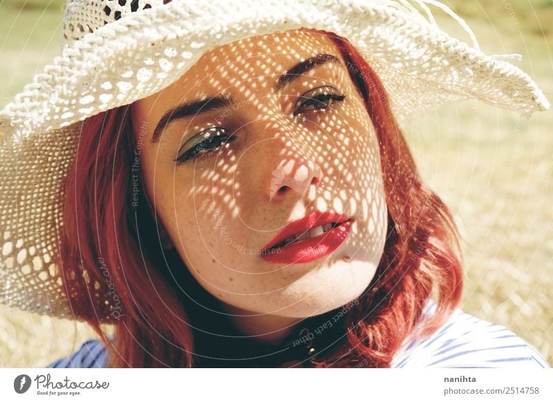Young redhead woman covering from sun Lifestyle Elegant Style Beautiful Skin Face Vacation & Travel Summer Summer vacation Sun Human being Feminine Young woman