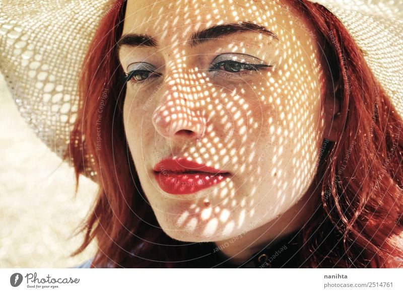 Young redhead woman covering from sun Elegant Style Design Beautiful Skin Face Freckles Harmonious Summer Sun Human being Feminine Young woman