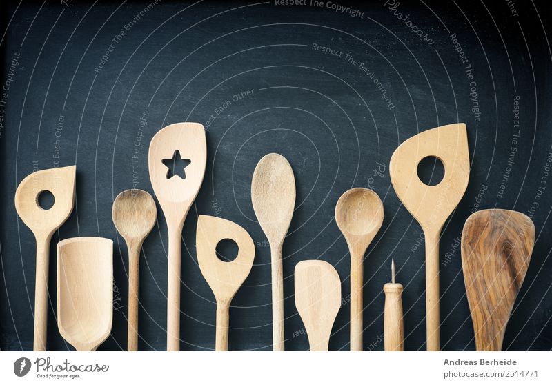 Cooking spoon , Wooden spoon on a board Cutlery Spoon Style Retro Creativity used assortment set row blackboard chalkboard shovel kitchen tools wooden utensils
