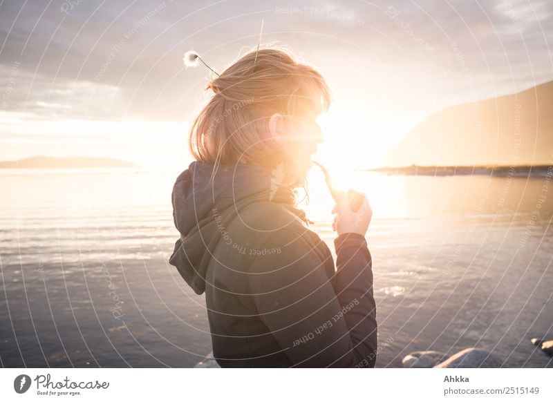 Young woman backlit by the sea with a pipe in her hand Climate Meditative Midnight sun Back-light Future Sun Sunset Contentment Nature Fjord Scandinavia