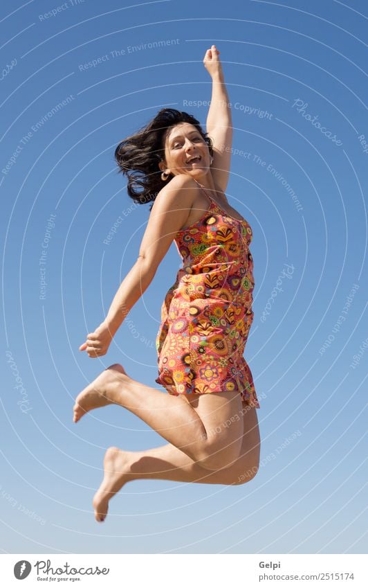 Beautiful girl flying a over sky background Joy Happy Face Leisure and hobbies Vacation & Travel Dance Sports Human being Woman Adults Hand Feet Sky Dress