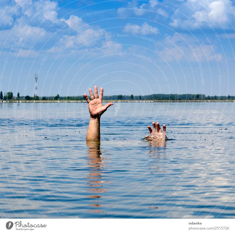 gesture of a man who sinks Summer Ocean Human being Man Adults Arm Hand Fingers 1 30 - 45 years Sky Lake Movement Swimming & Bathing Blue Hope Death Fear