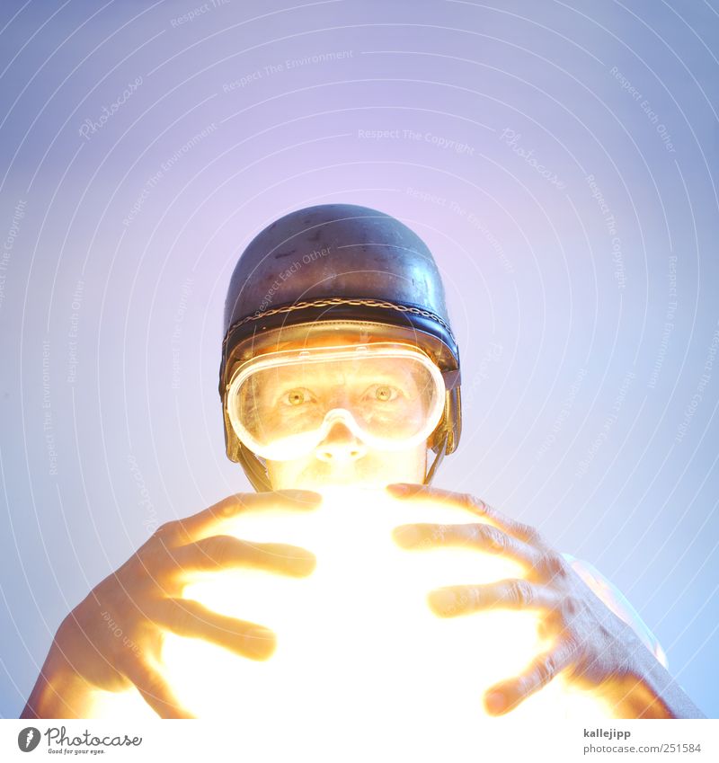 everybody's on the run Human being Masculine Man Adults Life Head Face Eyes Hand Fingers 1 Art Helmet Lamp Eyeglasses Sphere Fortune-telling Colour photo