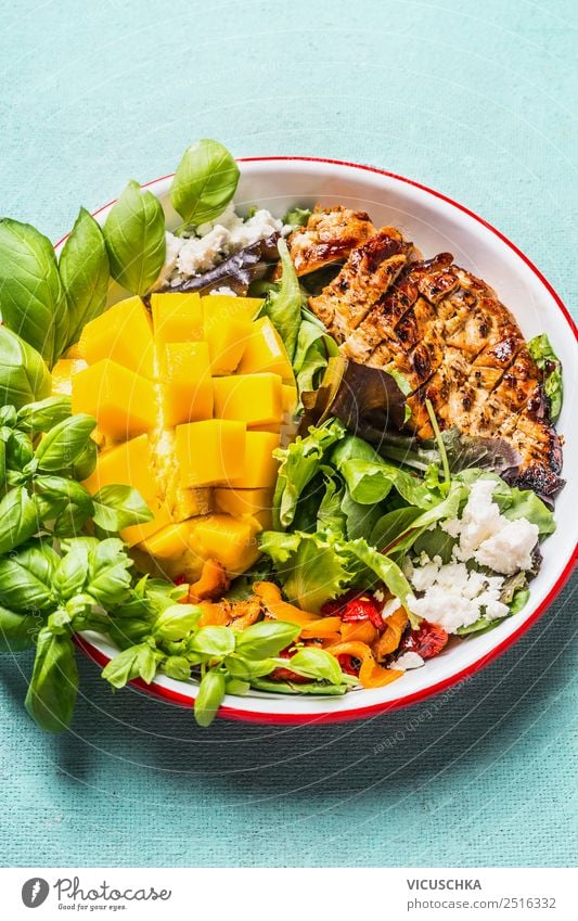 Low carb salad with chicken and mango Meat Vegetable Lettuce Salad Nutrition Lunch Dinner Buffet Brunch Organic produce Diet Plate Style Design Healthy