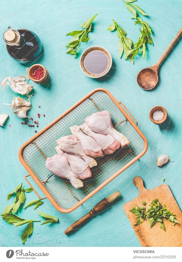 Chicken thighs on grill rack Food Meat Herbs and spices Nutrition Organic produce Diet Crockery Design Table Barbecue (apparatus) Style Sauce Background picture