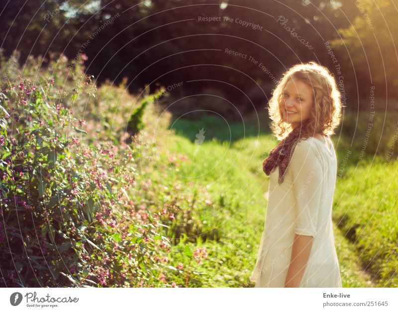 Joy of life Feminine Young woman Youth (Young adults) Woman Adults 1 Human being Nature Beautiful weather Grass Bushes Park Meadow Blonde Curl Rotate Smiling