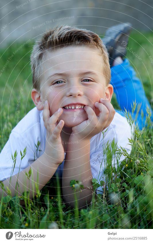 Pensive funny kid lying on the grass Joy Happy Beautiful Face Freedom Summer Garden Child Human being Boy (child) Man Adults Infancy Nature Flower Grass Leaf
