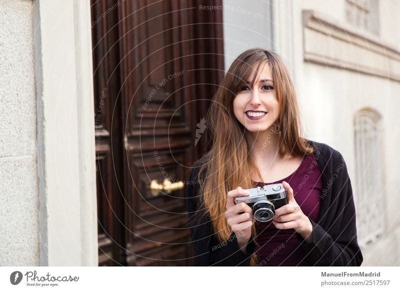 young woman taking a picture Lifestyle Style Happy Beautiful Leisure and hobbies Camera Woman Adults Street Smiling Happiness Smart Take Illustration
