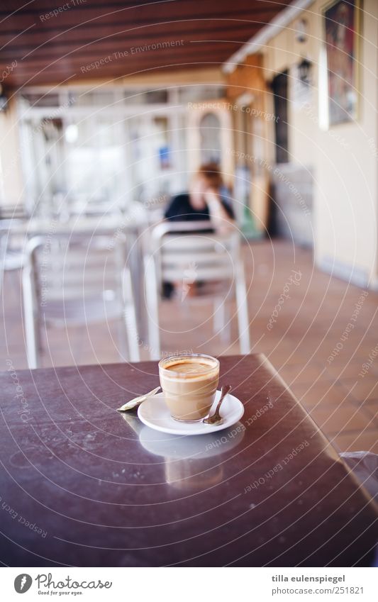 ä gläßchen heeßen Beverage Hot drink Coffee Plate Glass Spoon Fluid Multicoloured Spain Saucer Table Chair Café au lait Tabletop Room Break Colour photo