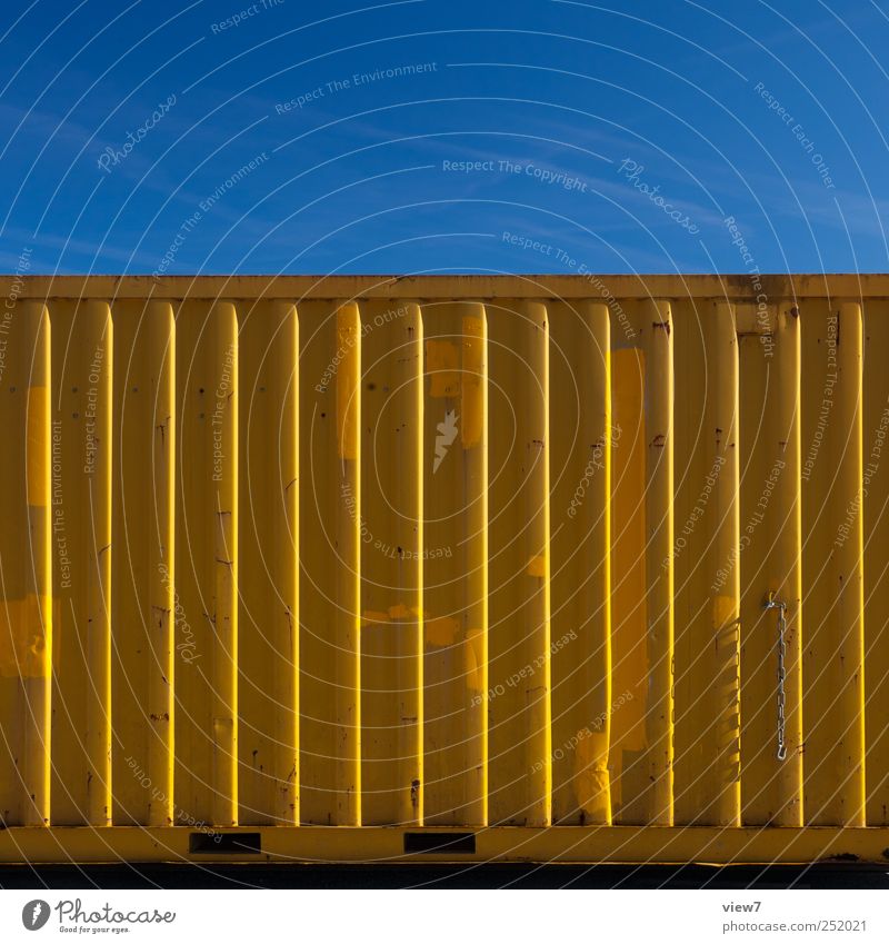 Container yellow Workplace Construction site Industry Logistics Wall (barrier) Wall (building) Facade Metal Line Stripe Old Authentic Simple Modern Yellow