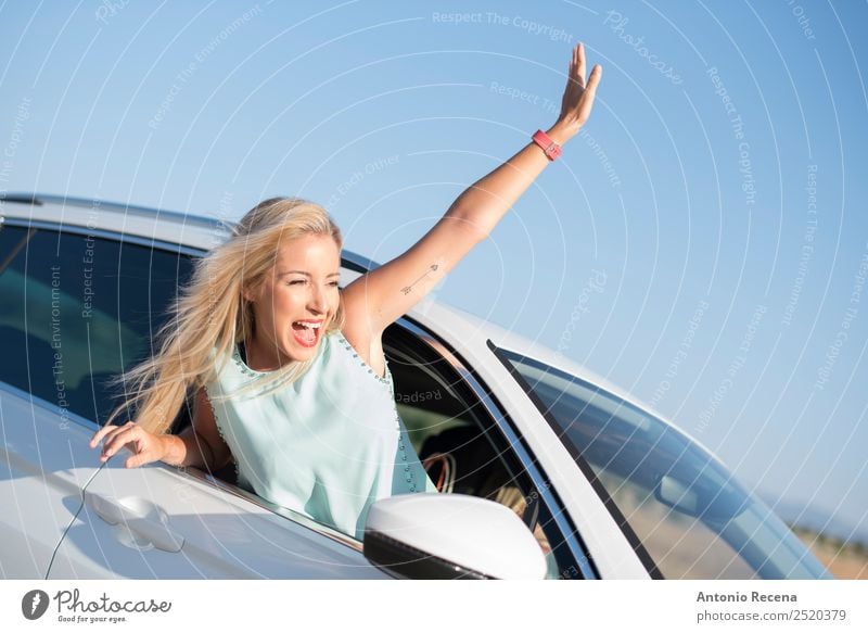 Fredom on suv car Joy Vacation & Travel Freedom Feasts & Celebrations Human being Woman Adults 1 18 - 30 years Youth (Young adults) Transport Vehicle Car Blonde